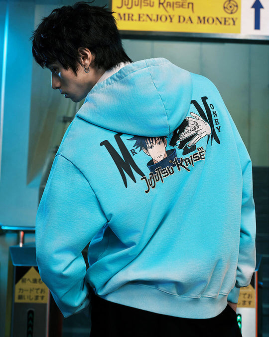 MEDM × Jujutsu Kaisen Washed Character Print Embroidered Zip Up Hoodie | Face 3 Face