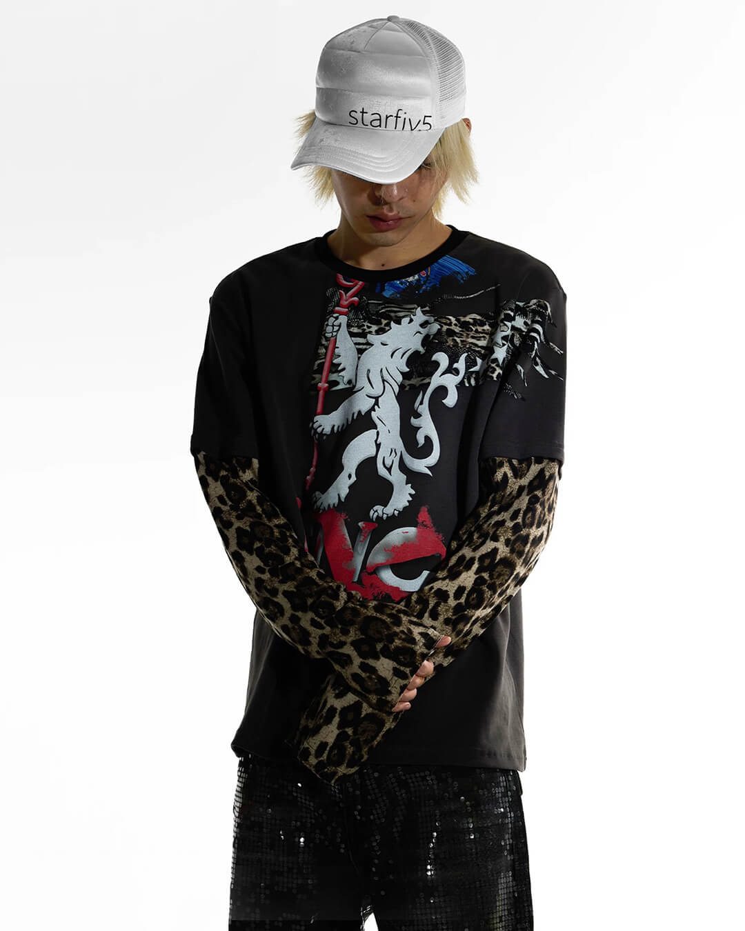 Night Lab Lion Graphic Layered Leopard Sleeve Tee | Face 3 Face