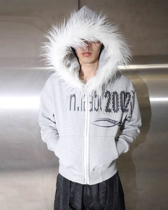 Night Lab Riveted Faux Fur Hood Zip Up Hoodie | Face 3 Face