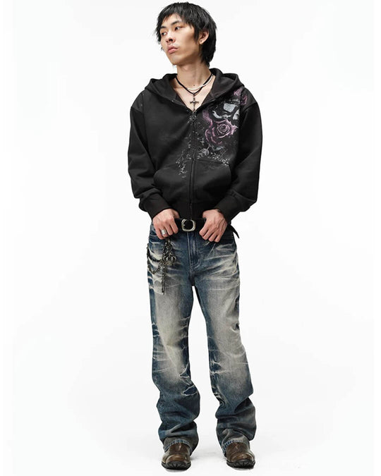 Night Lab Rose Skull Rhinestone Zip Up Hoodie | Face 3 Face