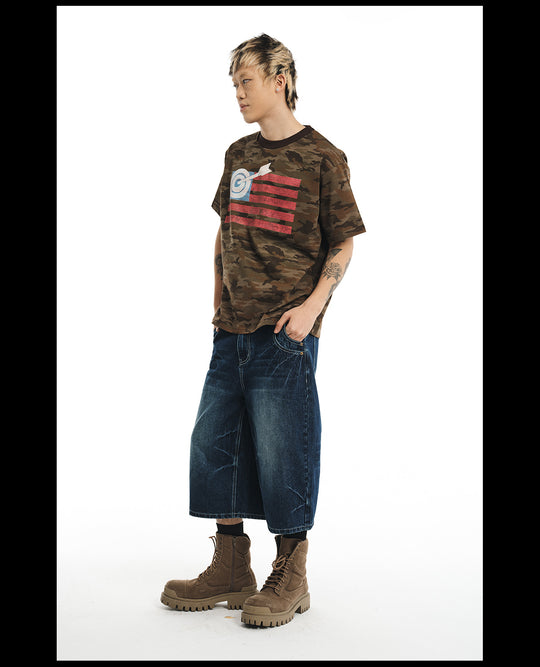 NOVACAM Washed Backstitch Vintage Print Black & Camouflage Tee | Face 3 Face