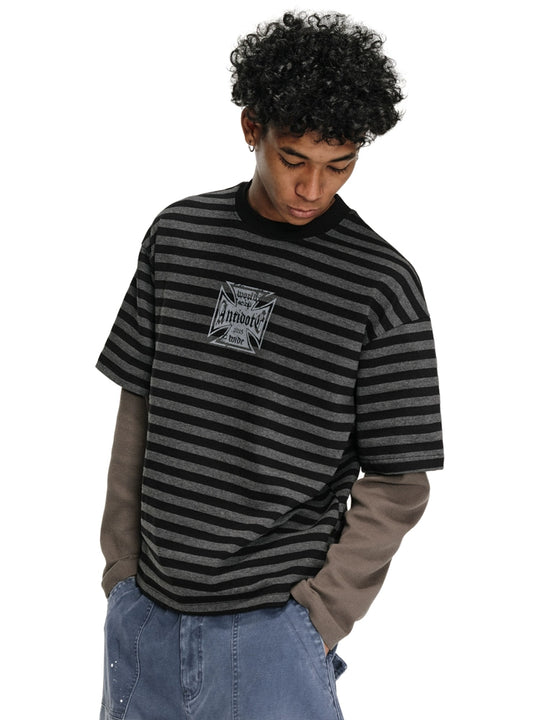 ANTIDOTE Cross Slogan Striped Layered Long Sleeve Tee | Face 3 Face