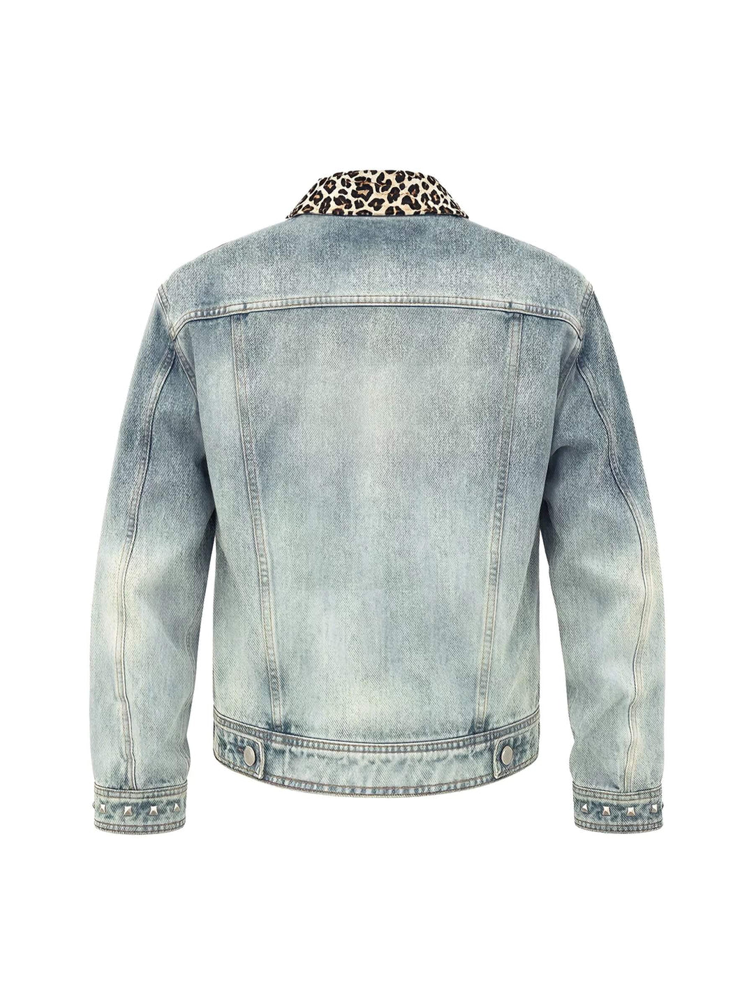KARMANISTIC Leopard Print Collar Pocket Flap Washed Denim Jacket | Face 3 Face