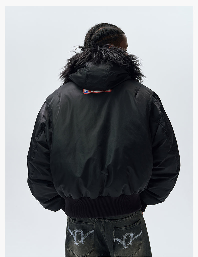 MEDM License Plate Patch Fur-Hooded MA-1 Bomber Jacket | Face 3 Face