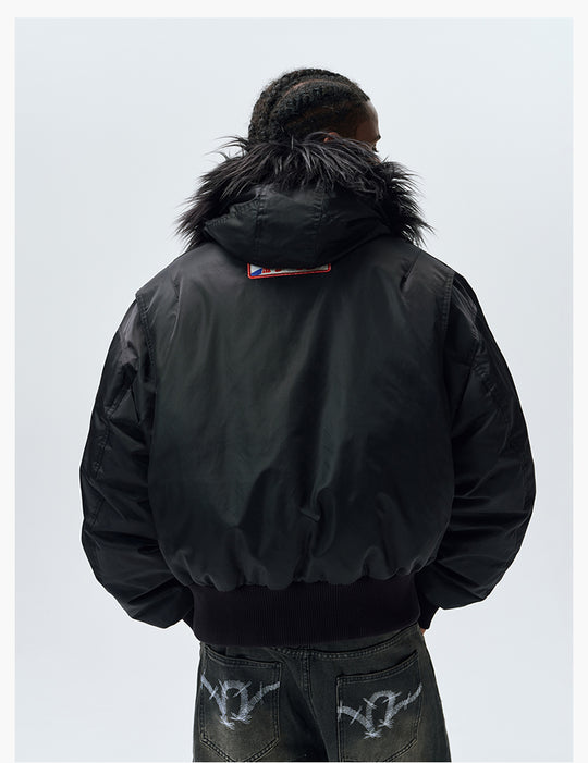 MEDM License Plate Patch Fur-Hooded MA-1 Bomber Jacket | Face 3 Face