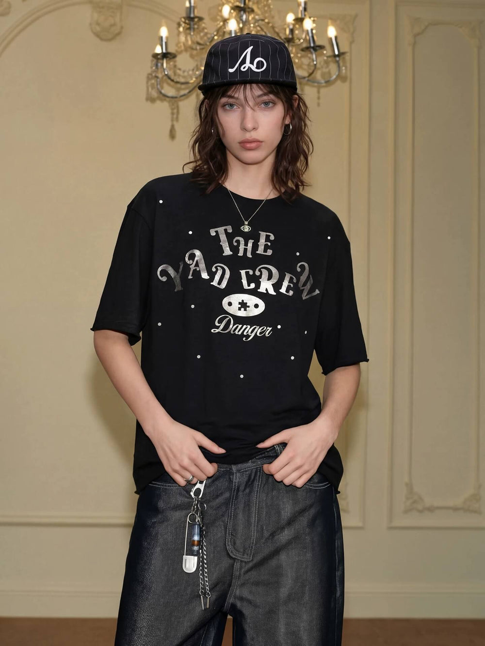 YADcrew Silver Logo Print All Over Rhinestone Tee | Face 3 Face