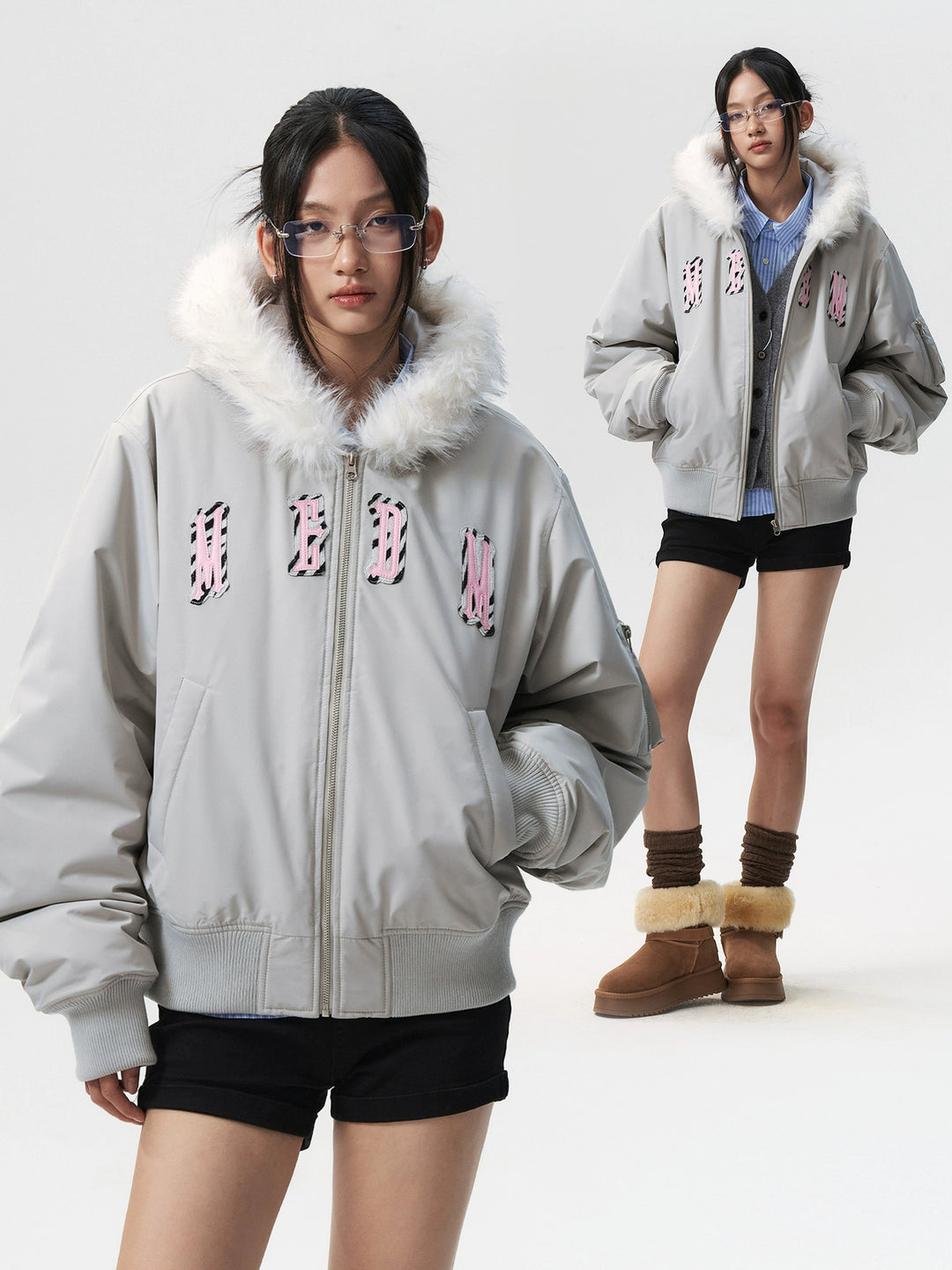 MEDM Animal Logo Patch Fur Hooded Bomber Jacket | Face 3 Face