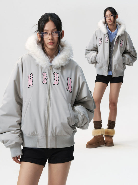 MEDM Animal Logo Patch Fur Hooded Bomber Jacket | Face 3 Face