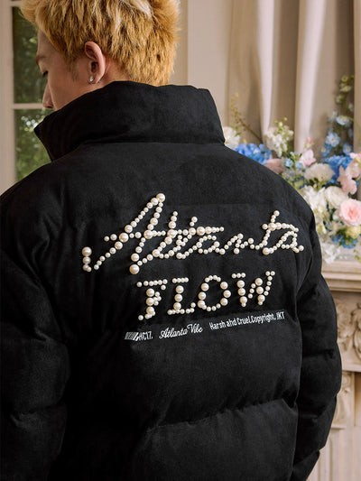 Harsh and Cruel Font Pearl Embroidery Suede Down Jacket | Face 3 Face