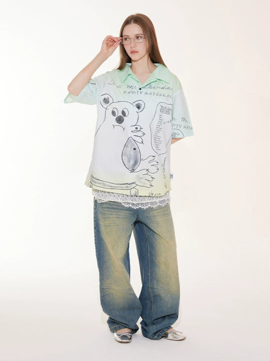 EMPTY REFERENCE Hand Painted Bear Print Gradient Short Sleeve Shirt | Face 3 Face
