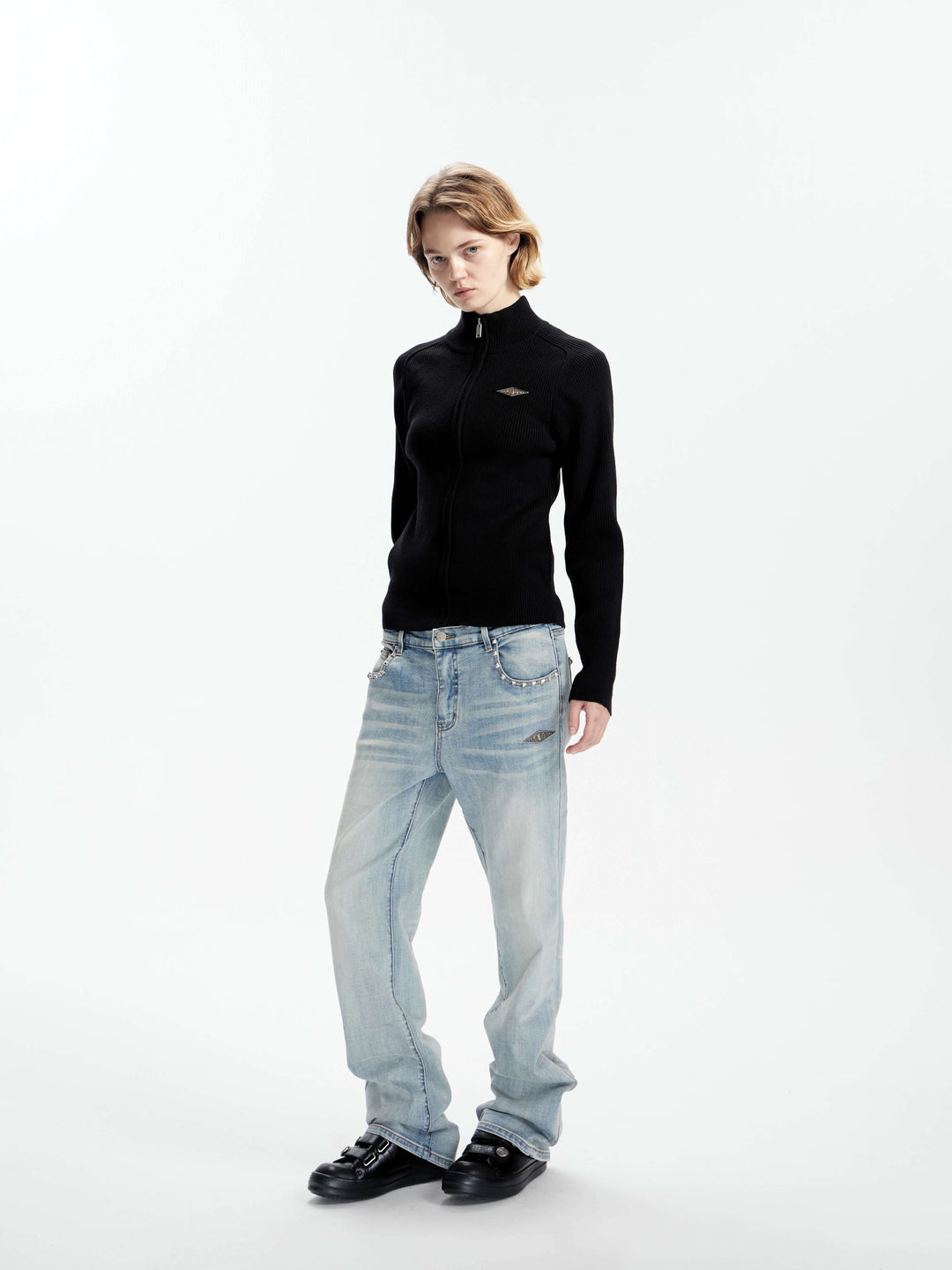 KARMANISTIC Metal Logo Label Studded Washed Slim Jeans | Face 3 Face