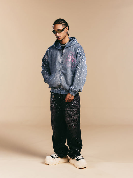 1807 Swarovski Crystal Diamond Denim Zip Up Hoodie | Face 3 Face