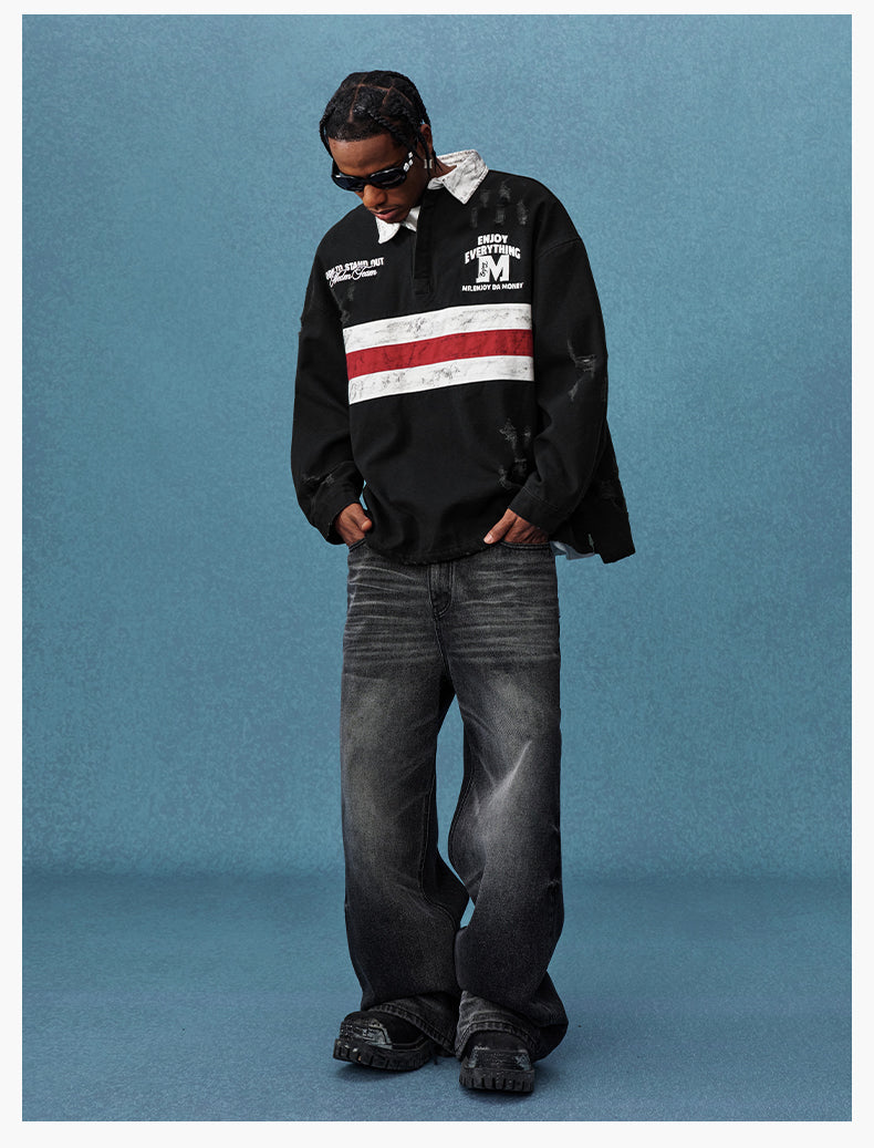 MEDM Asymmetric Collar Stripes Long Sleeve Polo | Face 3 Face