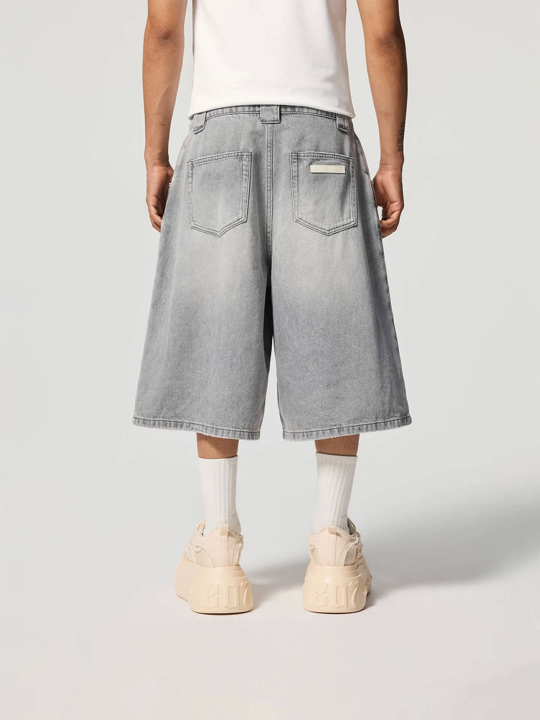 1807 Gothic Letter Print Washed Denim Baggy Shorts | Face 3 Face