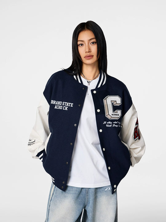 Racer varsity jacket | Achock College Embroidery Navy Blue Varsity Jacket | Face 3 Face
