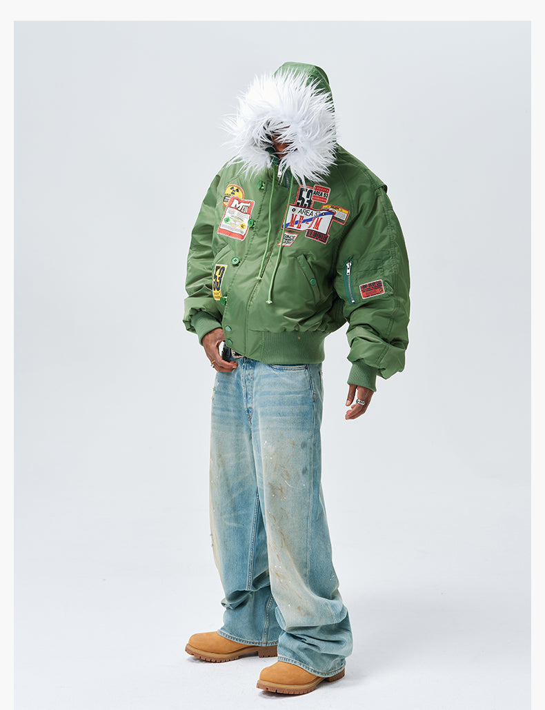 MEDM License Plate Patch Fur-Hooded MA-1 Bomber Jacket | Face 3 Face