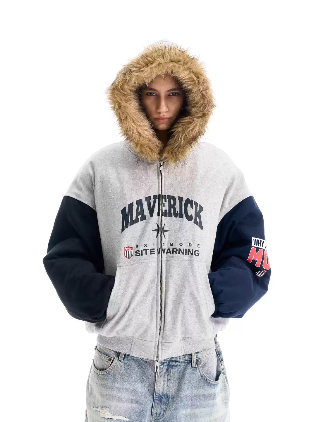 BLIND NO PLAN Gray Color Block Fur Hood Padded Jacket | Face 3 Face