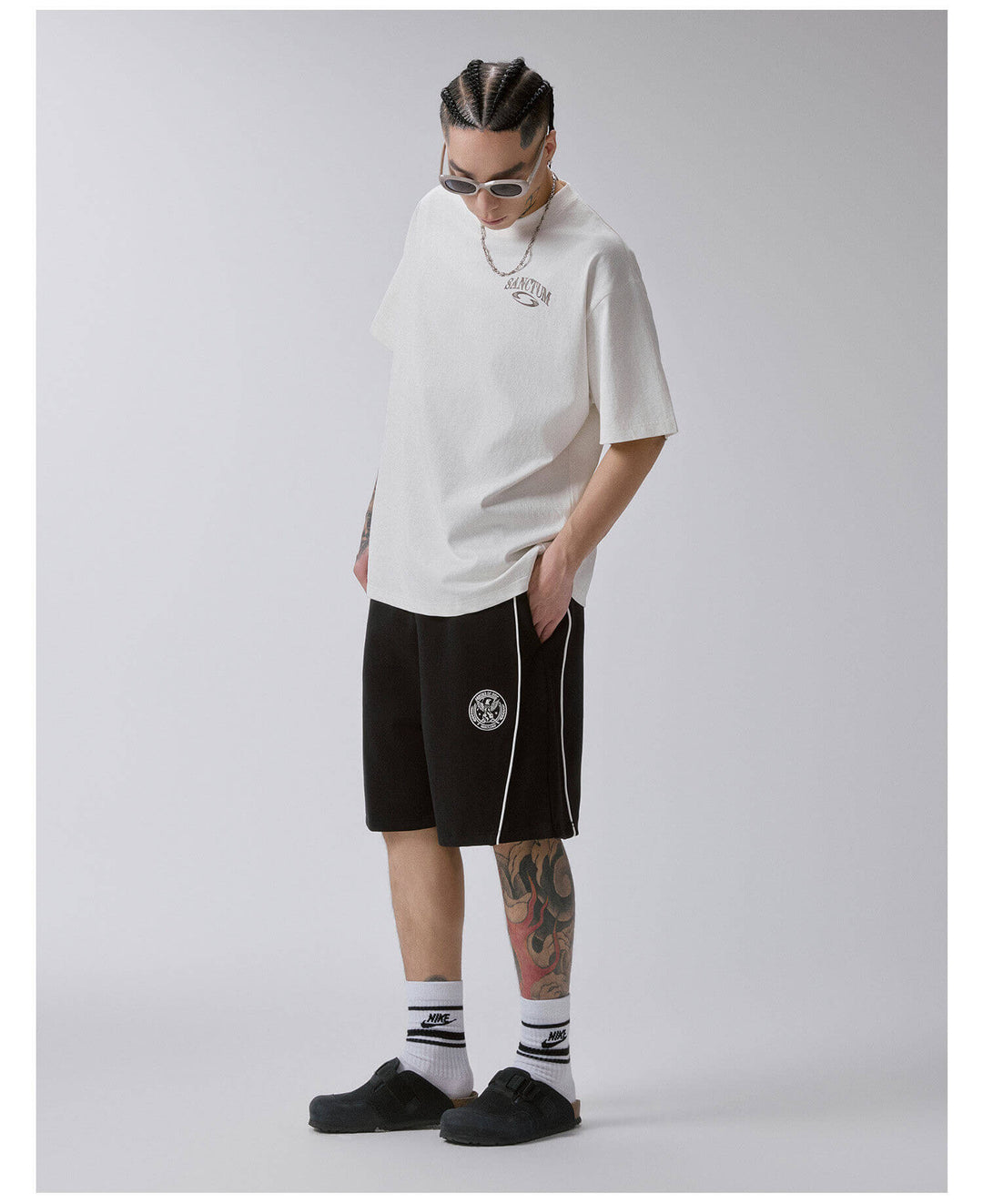 F2CE Badge Embroidered Side Stripe Sweat Shorts | Face 3 Face