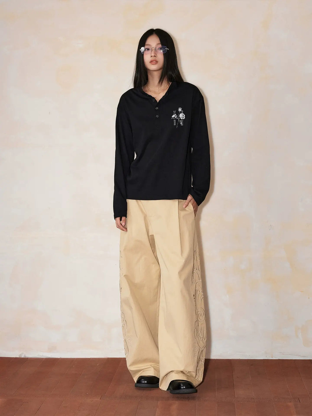 MEDM Rose Print Henley Long Sleeve Tee | Face 3 Face