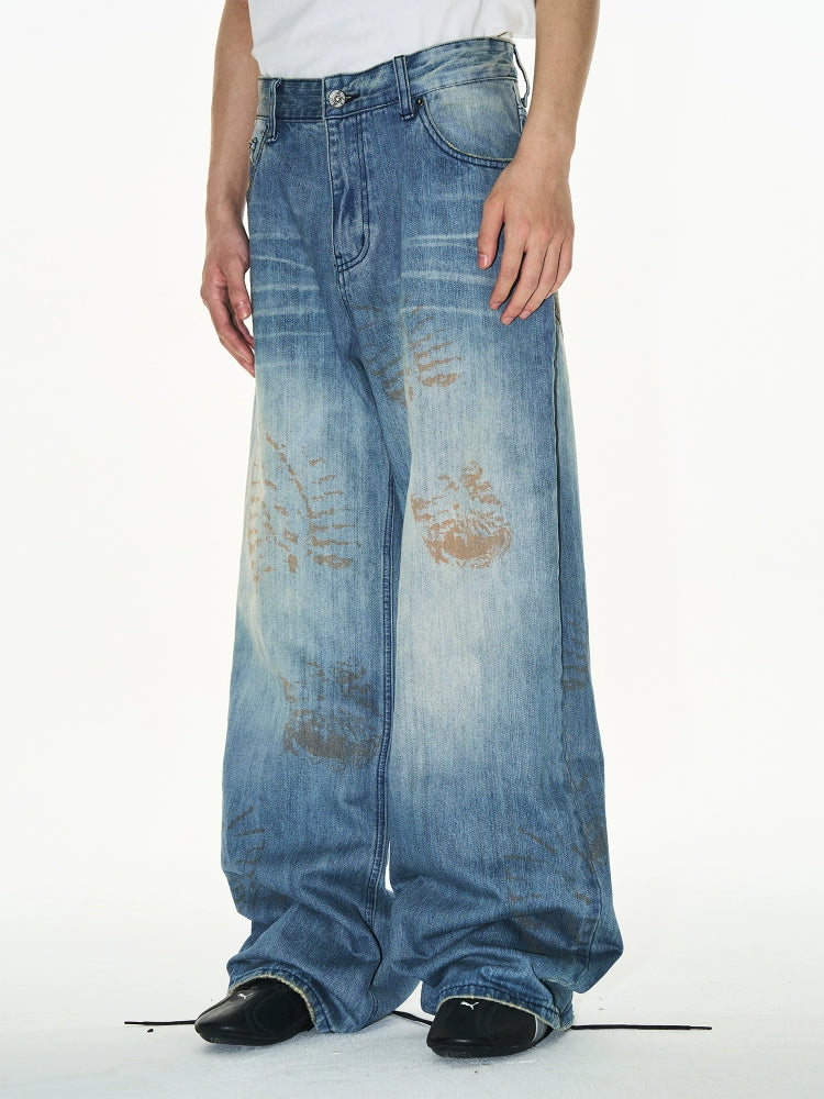 BLIND NO PLAN Washed Blue Footprint Baggy Jeans | Face 3 Face