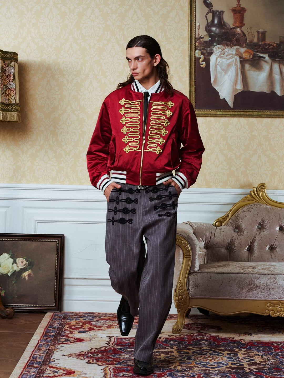 YADcrew Napoleon Braid Embroidered Pinstripe Herringbone Pants | Face 3 Face