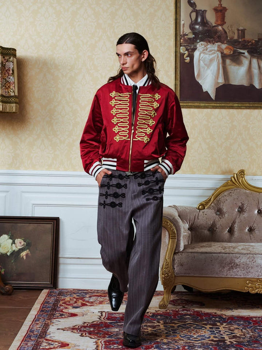 YADcrew Napoleon Braid Embroidered Pinstripe Herringbone Pants | Face 3 Face