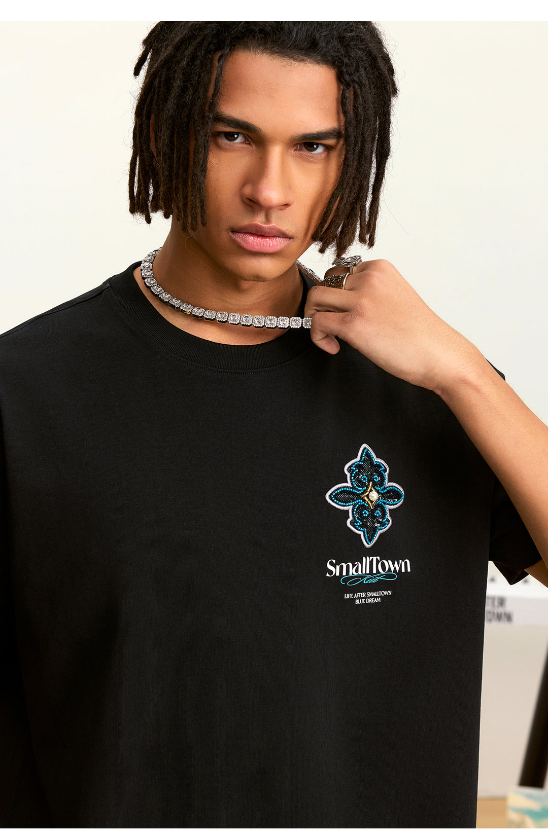 Small Town Kid Cross Pearl Sequin Beaded Embroidery Tee | Face 3 Face