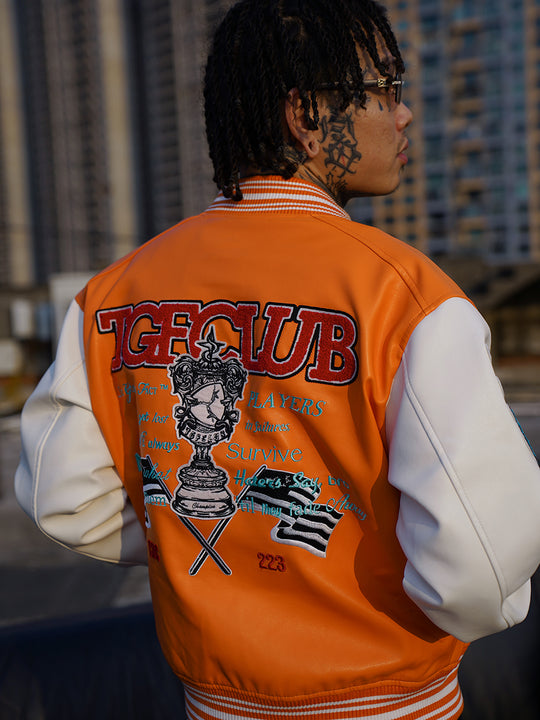 TGFCLUB Trophy Embroidered Colorblock PU Leather Varsity Jacket | Face 3 Face