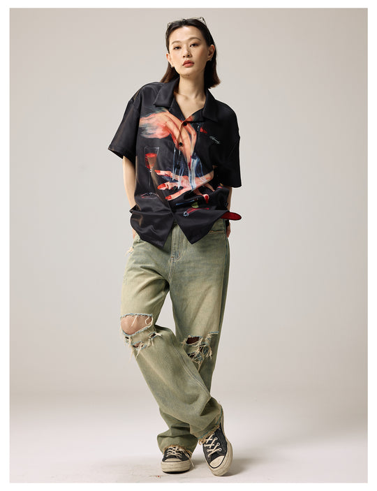 Remedy Finger and Wine Glass Full Print Short Sleeve Cuban Shirt | Face 3 Face