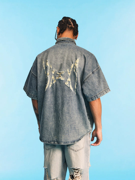 1807 Distressed Logo Washed Denim Short Sleeve Shirt | Face 3 Face