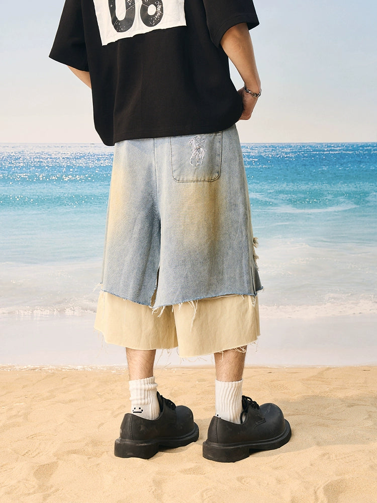 Harsh and Cruel Distressed Wash Layered Denim Shorts | Face 3 Face