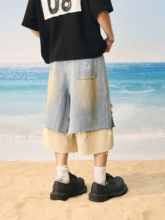 Harsh and Cruel Distressed Wash Layered Denim Shorts | Face 3 Face