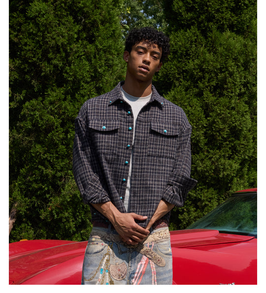 S45 Turquoise Button Plaid Long Sleeve Shirt | Face 3 Face