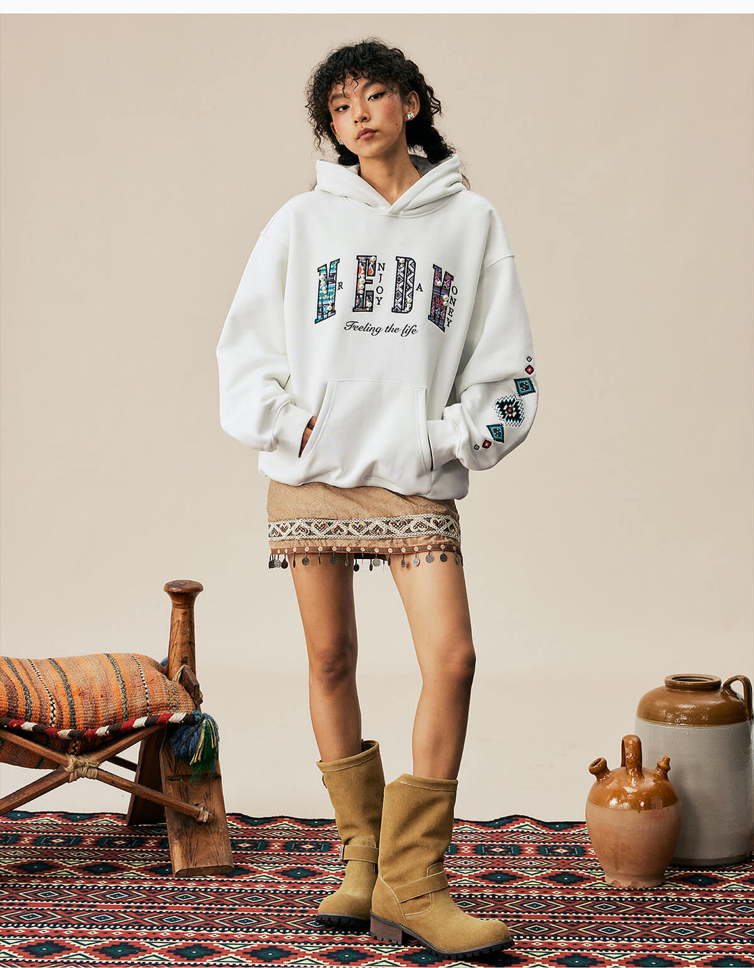 MEDM Ethnic Embroidered Patch Pearl Oversized Hoodie | Face 3 Face