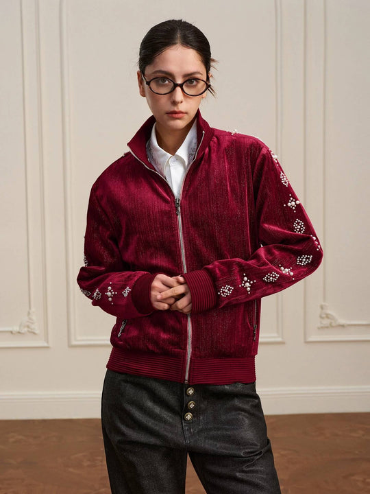 YADcrew Silver Thread Velvet Pearl Track Jacket | Face 3 Face