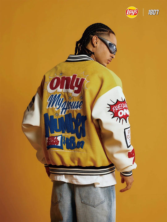 1807 × Lay’s Embroidered PU Leather Varsity Jacket | Face 3 Face