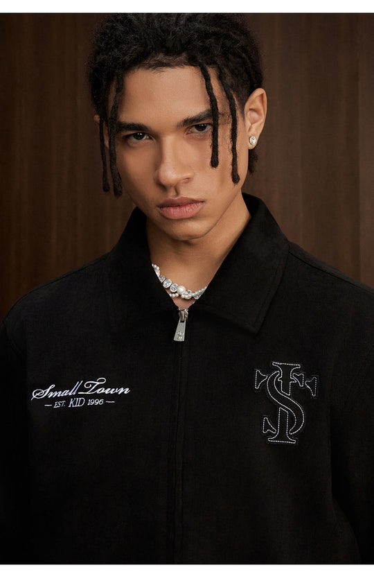 Small Town Kid Faux Suede Logo Patch Work Jacket | Face 3 Face