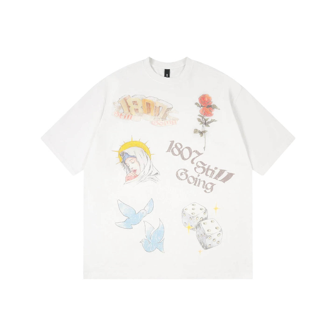 1807 Vintage Print Washed Distressed Short Sleeve Tee | Face 3 Face