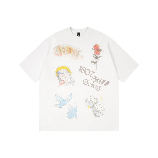 1807 Vintage Print Washed Distressed Short Sleeve Tee | Face 3 Face