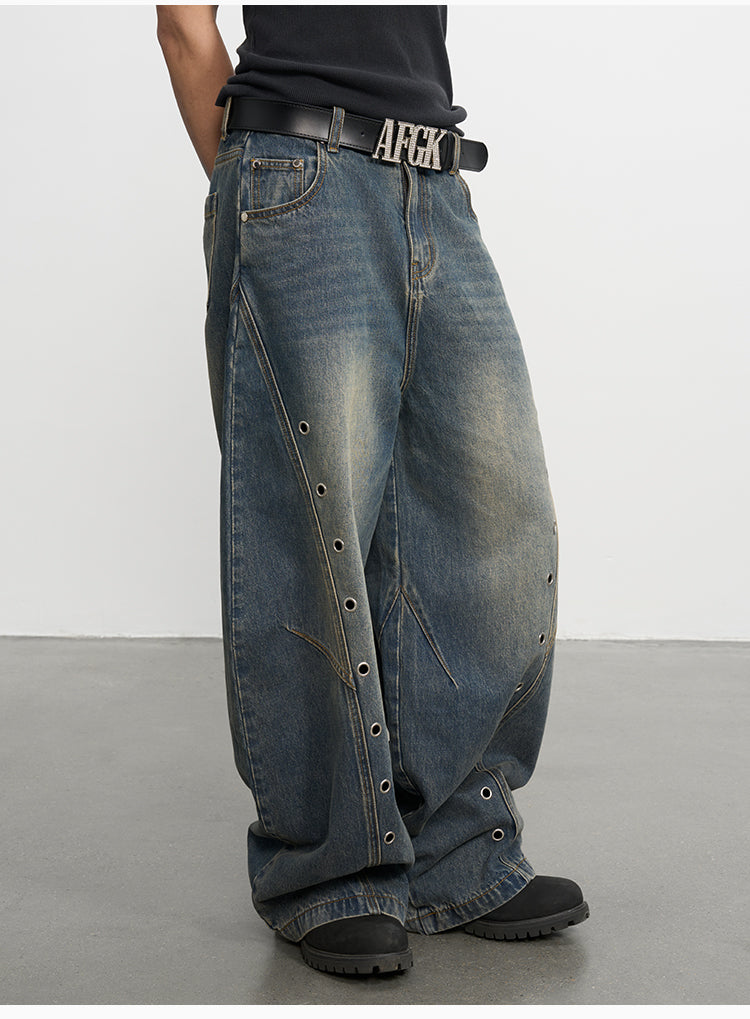 AFGK Metal Grommet Patchwork Washed Baggy Jeans | Face 3 Face