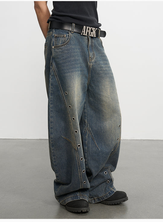 AFGK Metal Grommet Patchwork Washed Baggy Jeans | Face 3 Face