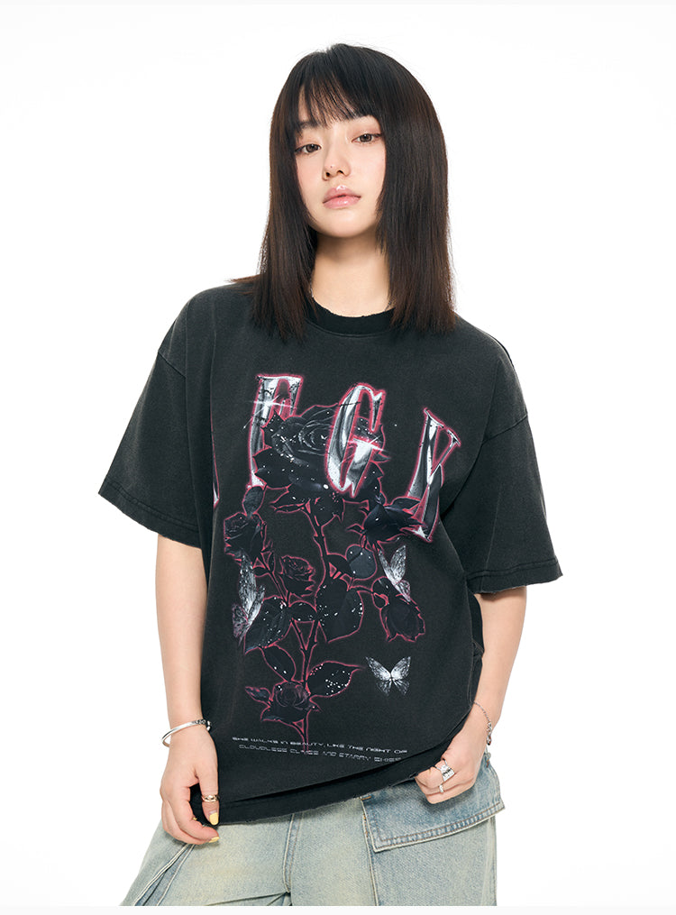AFGK Metal Rose Print Distressed Washed Tee | Face 3 Face