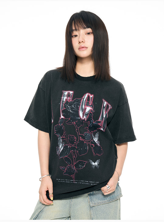AFGK Metal Rose Print Distressed Washed Tee | Face 3 Face