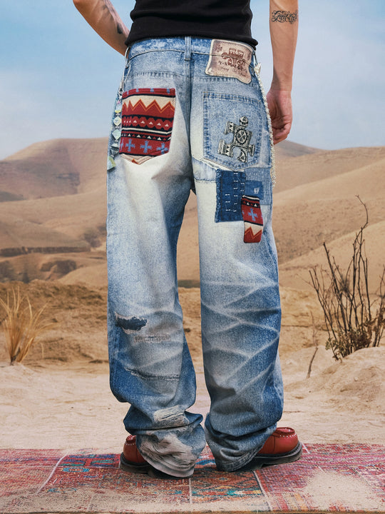 YADcrew Ethnic Patchwork Print Jeans | Face 3 Face