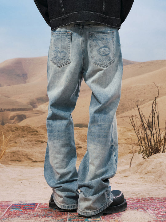 YADcrew Snap Button 3D Embroidery Washed Jeans | Face 3 Face