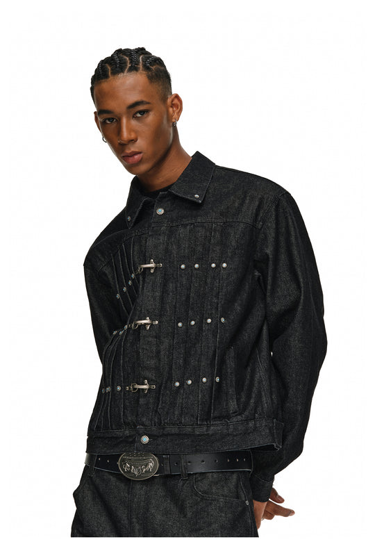 ANTIDOTE Turquoise Studded Pleated Buckle Denim Jacket | Face 3 Face