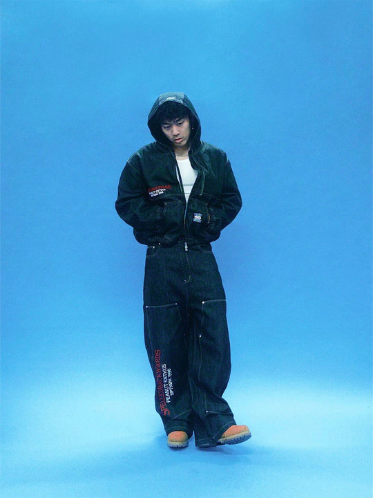 EVETS Embroidered Hooded Denim Jacket | Face 3 Face