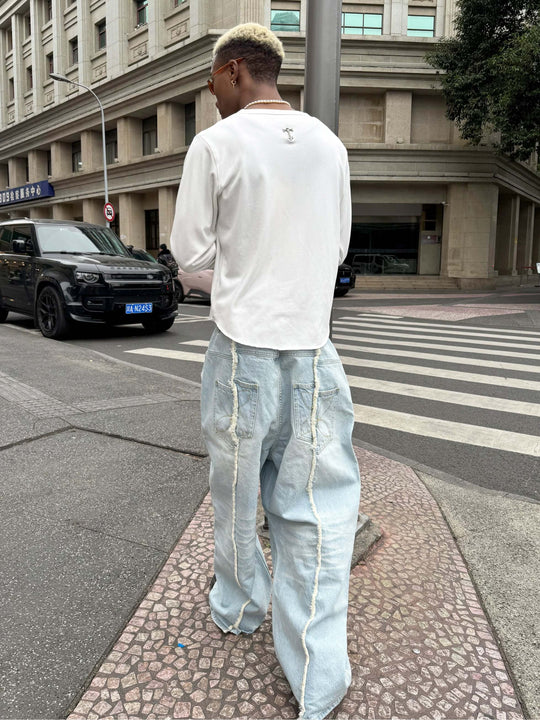 STEEPC Ice Blue Washed Frayed Center Seam Baggy Jeans | Face 3 Face