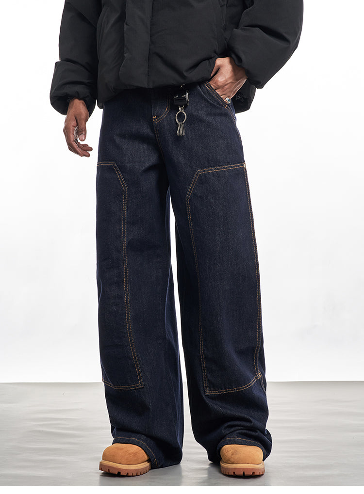F3F Select Stitch Lines Dark Blue Double Knee Jeans | Face 3 Face
