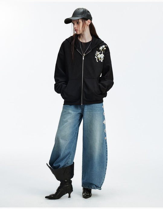 MEDM Rose Embroidered Zip Up Hoodie | Face 3 Face